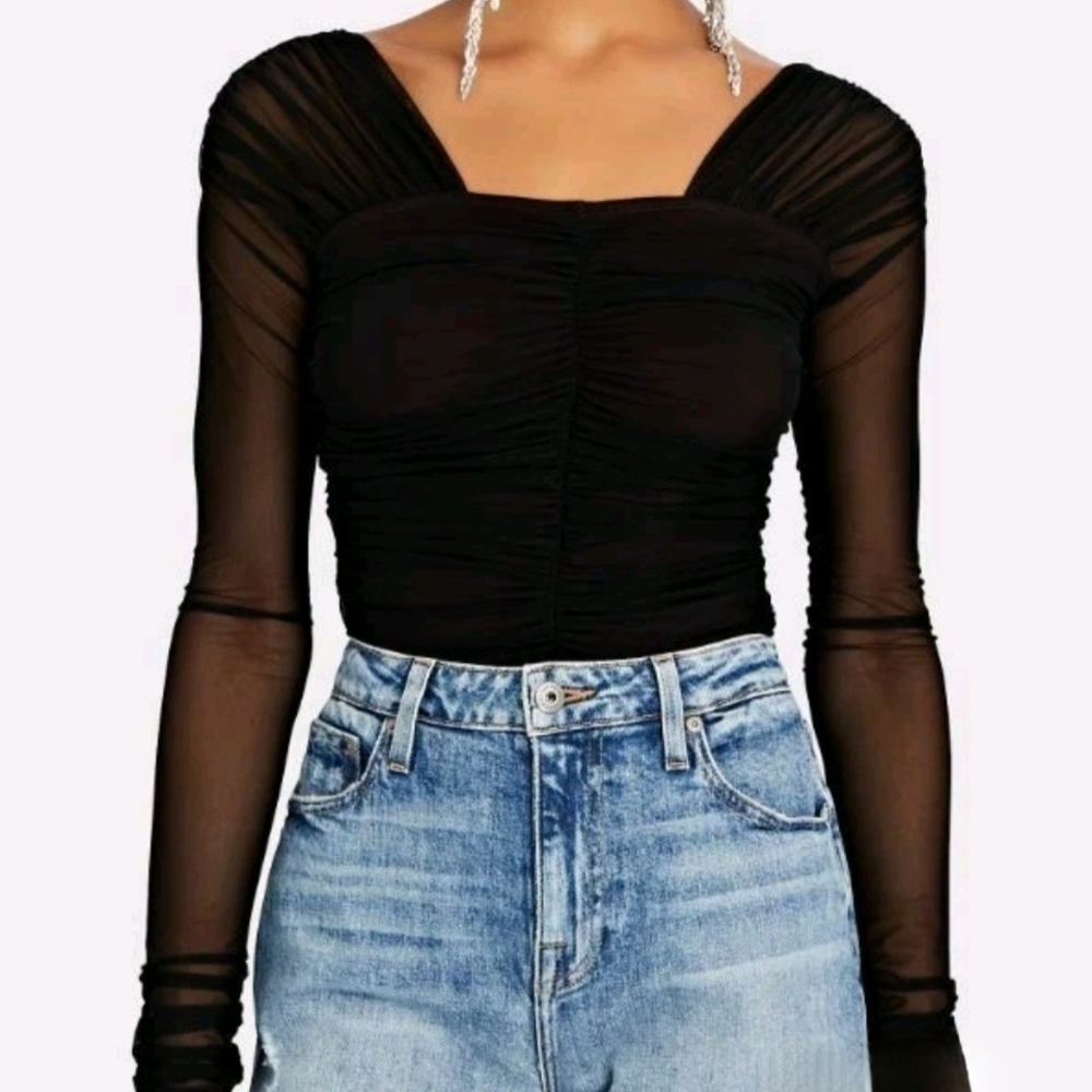 A.L.C. Womens Black V-Neck Mesh Long Sheer Sleeve Elegant Size M
